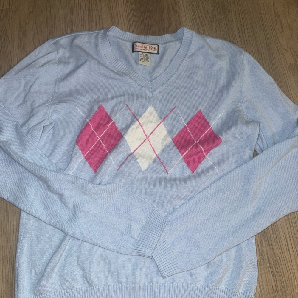 Y2K preppy soft girl Sky Blue V-Neck Sweater with Pink & White Argyle